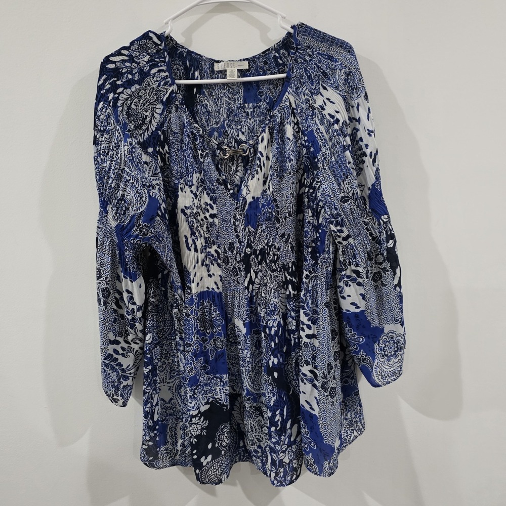 Spense Womens Top Size 2X Flowy‎ Floral Patchwork Boho Blue